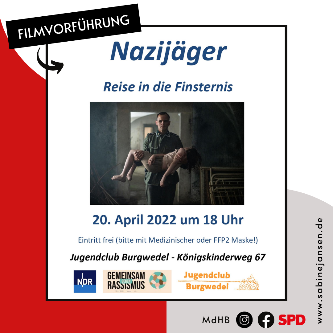 Einladung zur Filmvorführung “Nazijäger” im Jugendclub Burgwedel am 20. April